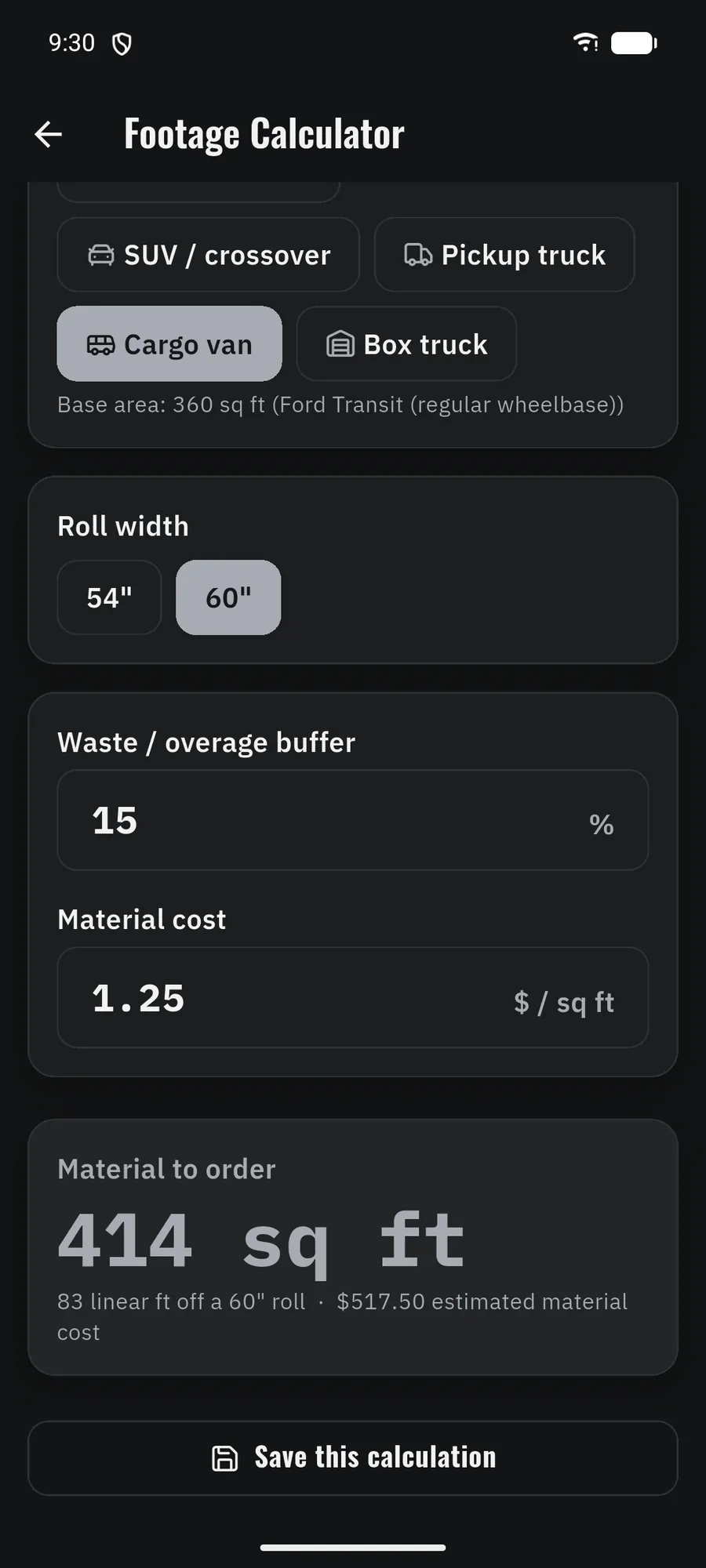 WrapCalc footage calculator: cargo van at a 60 inch roll width, 414 sq ft of material to order.