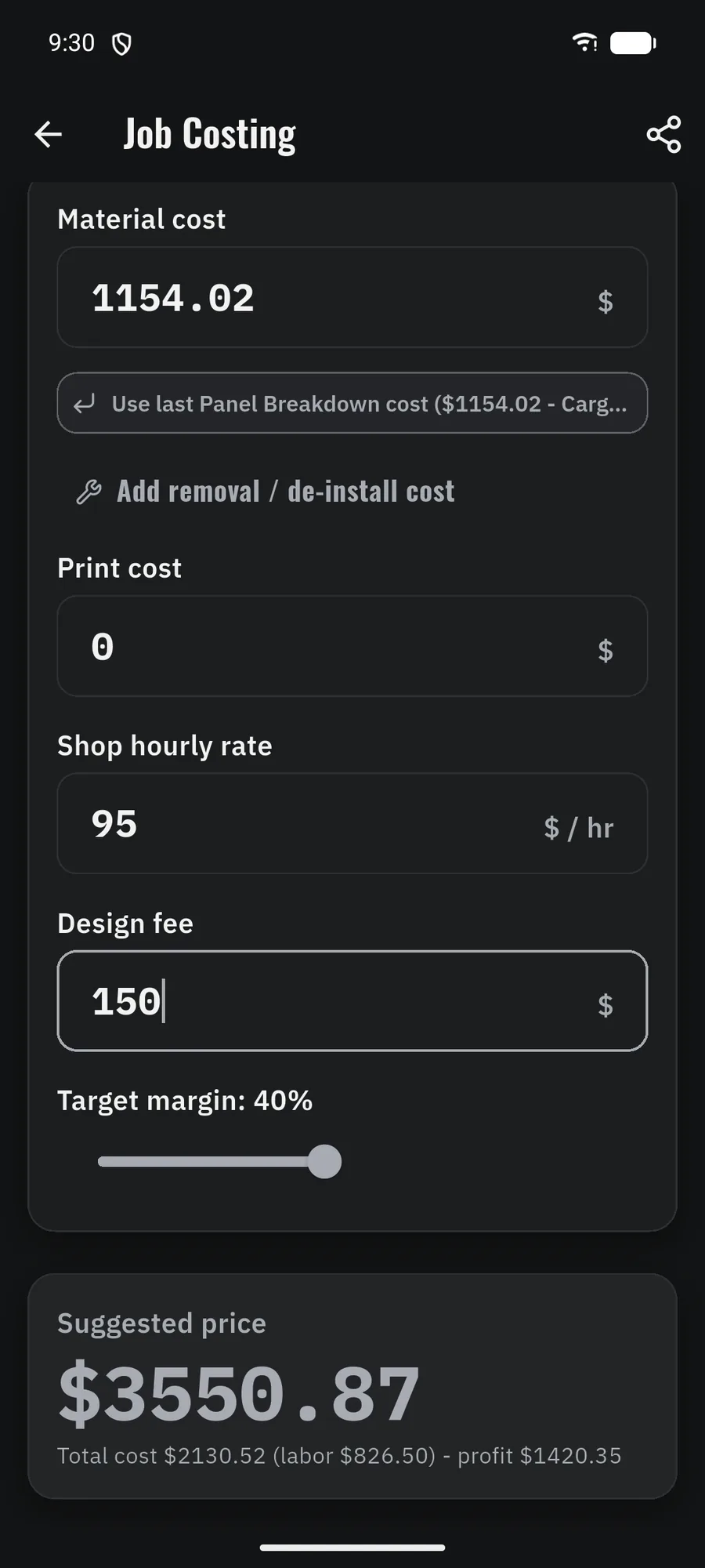 Job Costing screen: material, labor and crew size feeding an install time and a suggested price.