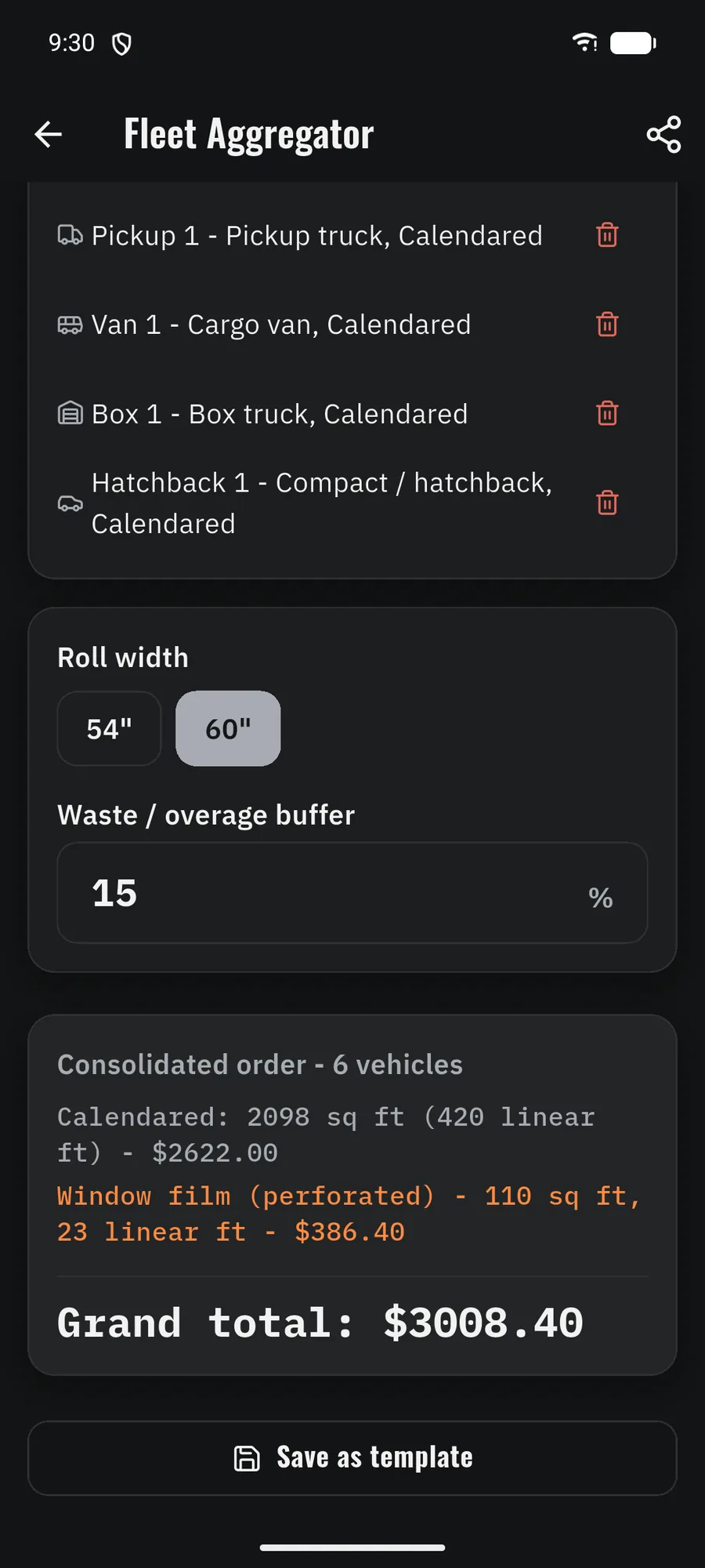Fleet Aggregator screen: six mixed vehicles consolidated into one material order.